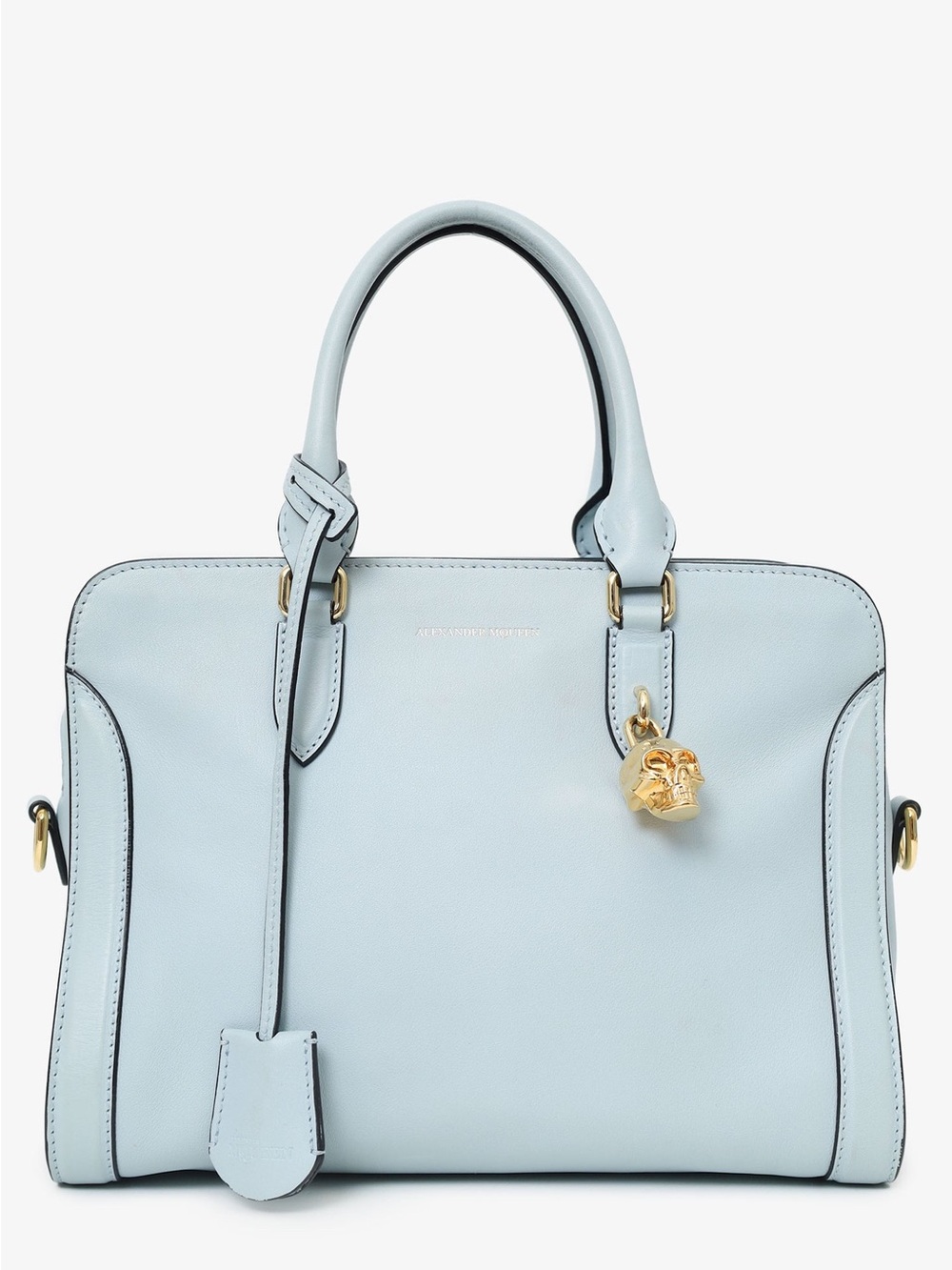 Alexander McQueen Pale Blue Leather Top-Handle Satchel with Gold Skull Charm